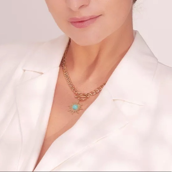 18K Gold Plated Natural Turquoise Stone Choker Necklace - Picture 2 of 12